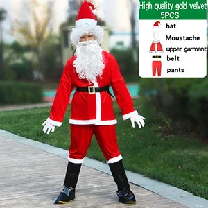 Костюм Санта-Клауса, костюм, плюшевая одежда для папы, рождественский костюм для костюмированной вечеринки, мужские пальто, штаны, пояс с бородой, шапка, Рождественский комплект одежды - Color: 5pcs