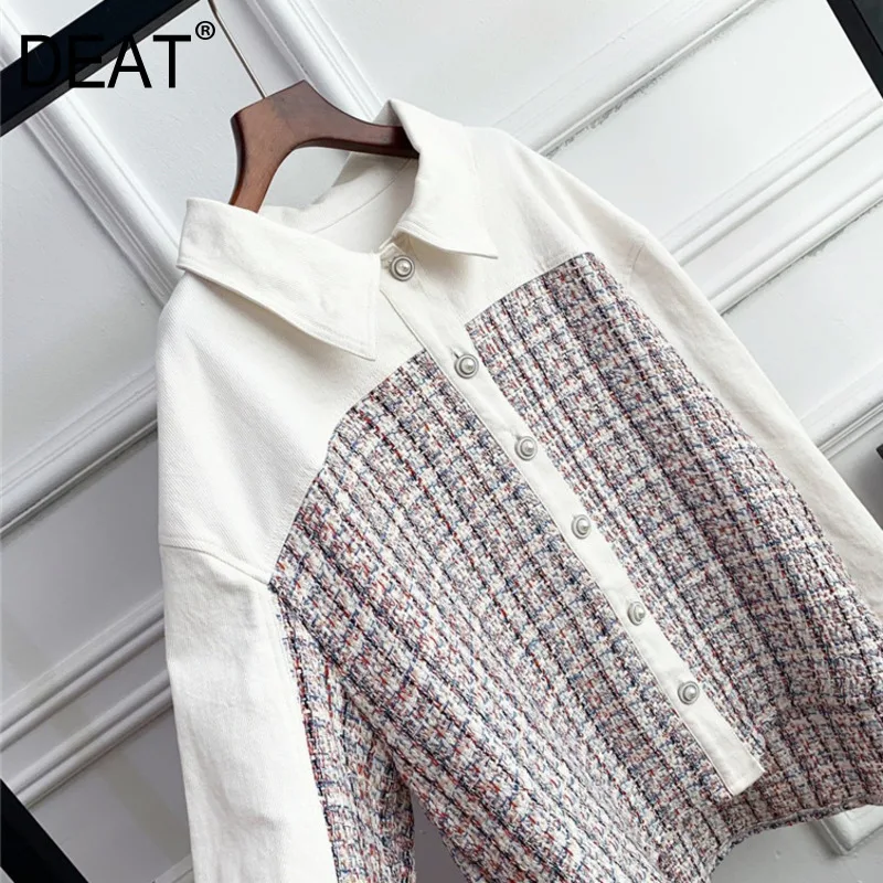 

[DEAT] 2019 Autumn Winter New Pattern Korean Loose Leisure Square Collar Tweed Stitching Vitality Denim Jacket Female AT295