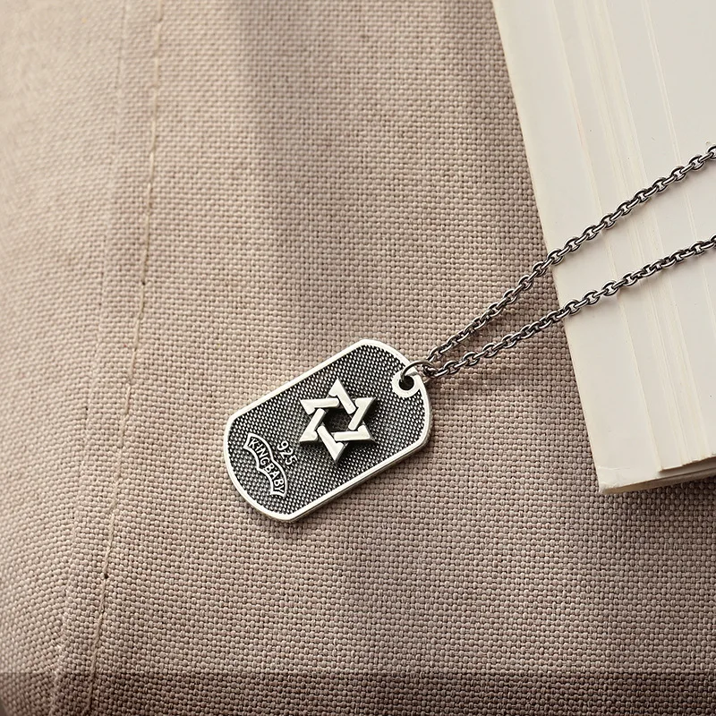 

Far Vatican S925 Sterling Silver Necklace Square Tag Hexagram Design Retro Retro Thai Silver Necklace COUPLE'S Trend Accessories