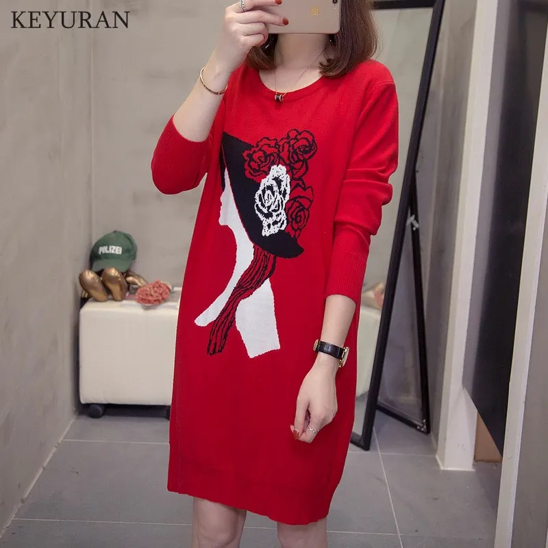 

3XL 4XL Plus Size Knitted Jacquard Long Sleeve Women Casual Sweater Dresses Autumn Winter Trendy Lady Loose Pullovers Sweaters