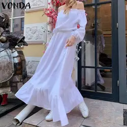 VONDA женское сексуальное платье с длинным рукавом и открытыми плечами макси платья хлопок богемное платье туника гофрированное платье для