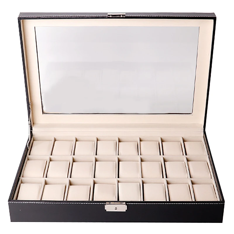 

Watch Box Organizer Watch Case for Men Women Pu Leather 24 Slots for Display Storage Watch Holder with Glass Top Lockable Black