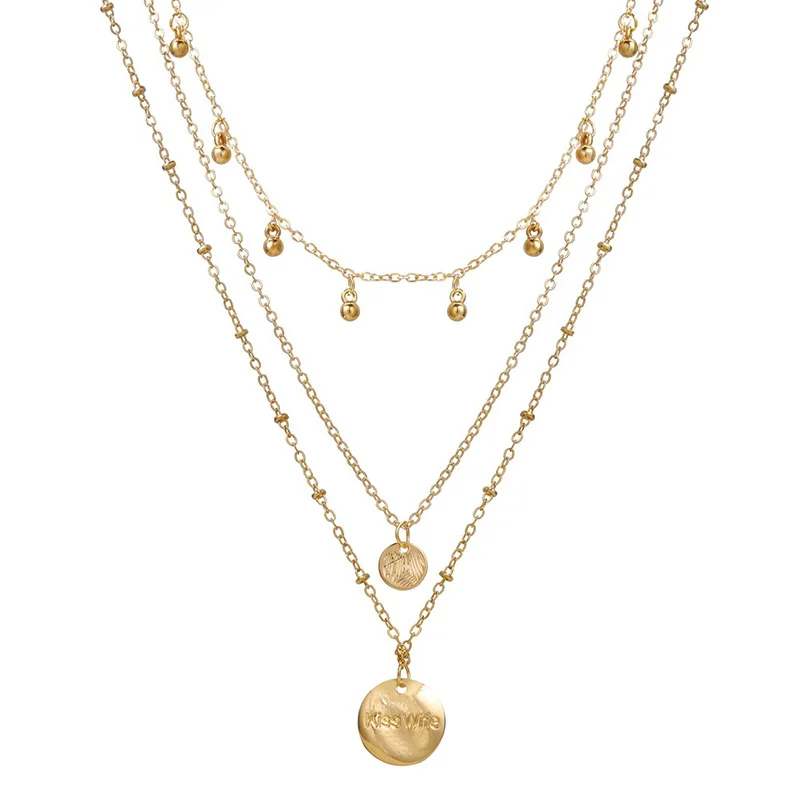 Geometric Round Coin Pendant Necklaces for Women Female Multi -Layer Gold Beads Chain Letter Necklace Jewelry ketting collier | Украшения и