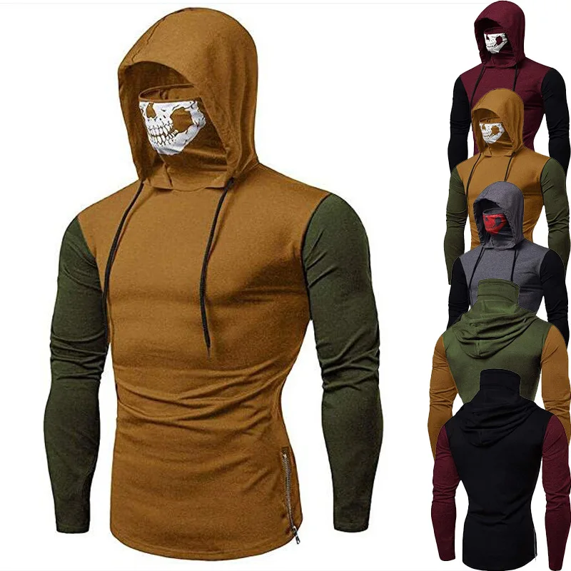 

2020 Large Cargo Men Fashion Hooded High Collar Skull Joint Long-sleeved T-shirt MEN'S Long-sleeved T-shirt