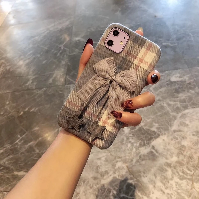 Tfshining теплый клетчатый тканевый чехол для телефона для Iphone 11, чехол из ткани с милым галстуком-бабочкой для девочек, чехол для Iphone 11 Pro Xs Max Xr X 6 7 8 Plus