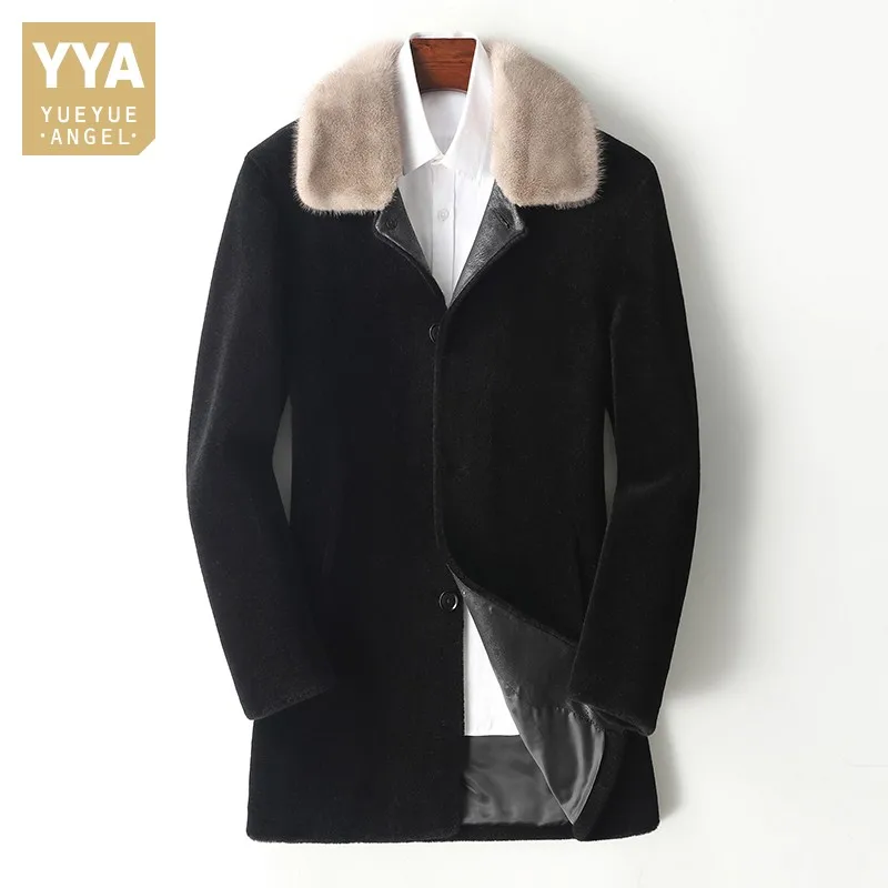 

Business Men Slim Fit Long Real Wool Jacket Mink Fur Collar Single Breasted Sheep Shearing 100% Wool Coat Winter Warm Overcoat