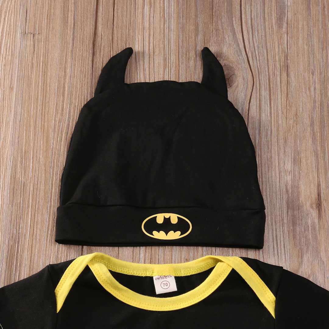 Pudcoco Newborn Baby Boy Girl Jumpsuit Kids Toddler Clothes Batman Rompers+Shoes+Hat Costumes 3Pcs Outfits Set