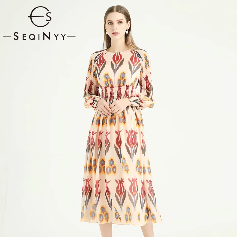 

SEQINYY Pink Dress 2020 Summer Spring New Fashion Design Women Long Sleeve Flowers Printed Elastic Waist Elegant Midi Dress