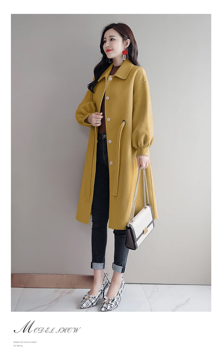 Женское шерстяное пальто средней длины в Корейском стиле; Новинка 2019 года; сезон весна-осень; черная верхняя одежда с отложным воротником;