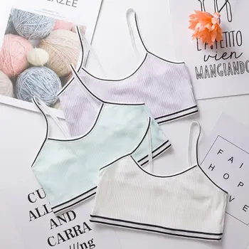 

Teenage Puberty Girl Sweet Candy Color Sport Training Bra Underwear Striped Patchwork Thread Ribbed Wireless Bralette Vest 8-16T