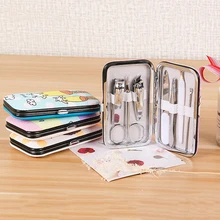 Милый мультфильм ногтей клип набор Профессиональный из нержавеющей стали педикюр ножницы Пинцет маникюрный набор для ухода за ногтями Набор Путешествия Портативный 7 шт