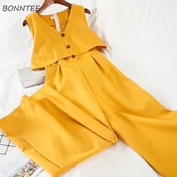 

Jumpsuits Women V-neck Sleeveless Button Solid Wide Leg Korean Style Simple Loose High Waist Leisure Fashion Summer Daily Womens