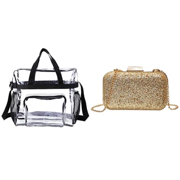 

Women Wedding Party Bag Diamond Purses(Gold) with Transparent Tote Bag Stadium Security Travel and Gym Clear Bag