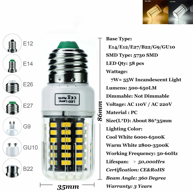 15X Светодиодный лампочки «Кукуруза» E27 E12 E14 B22 5730 SMD 30 Вт-165 Вт эквивалентная лампа 31 58 74 105 140 170 светодиодный S 110V 220V для домашнего декора - Испускаемый цвет: 58LEDs