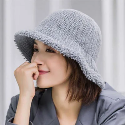 HANGYUNXUANHAO осень зима женские вязаные шапки ведро модные теплые толстые складные вязаные шапочки повседневные Шапки - Цвет: gray