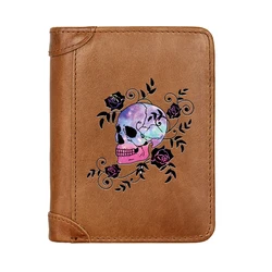 New Arrivals  Rose Vine Skull Genuine Leather Wallet Classic Men Business Pocket Slim Card Holder Male Short Purses Gifts