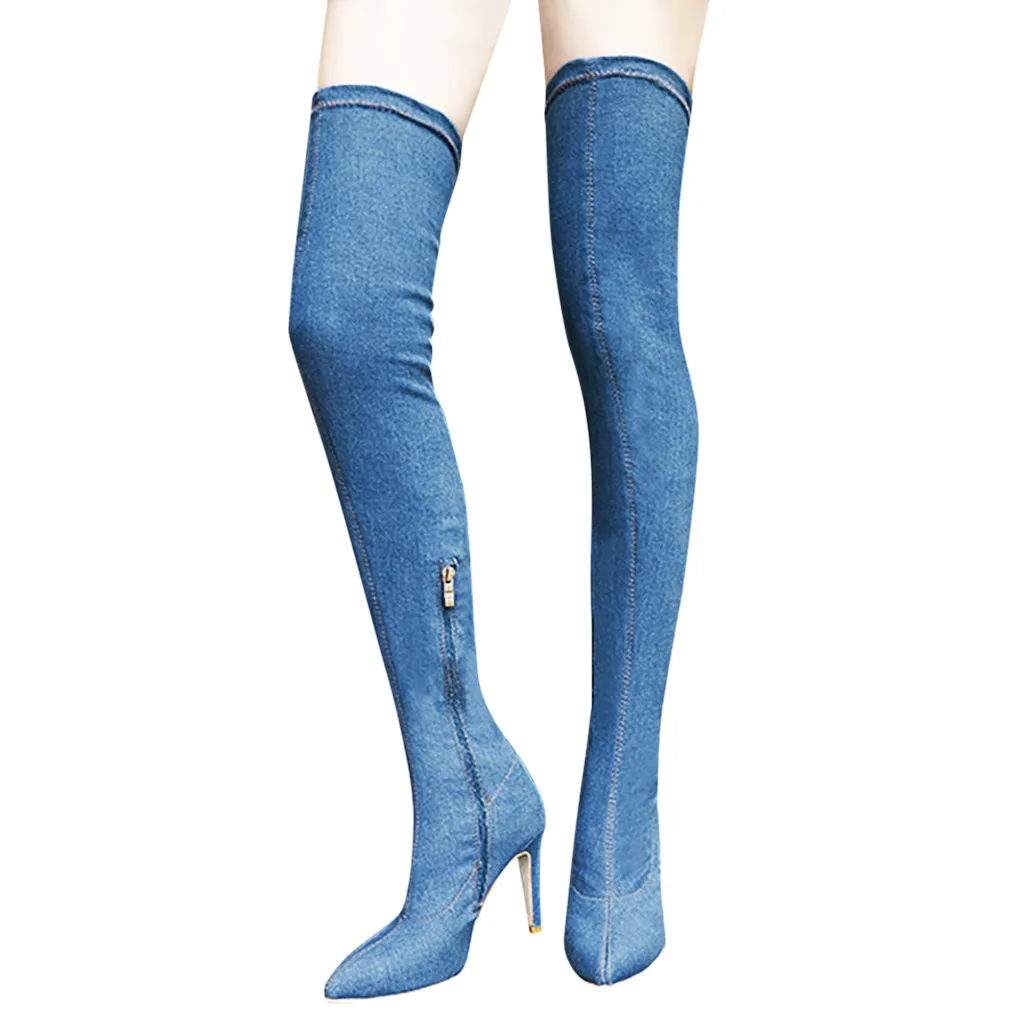 

Women Newest Over The Knee Boots Pointed Toe Thigh High Blue Denim Lace-up Gladiator Boots Long High Heels Jean Boots Shoes #S