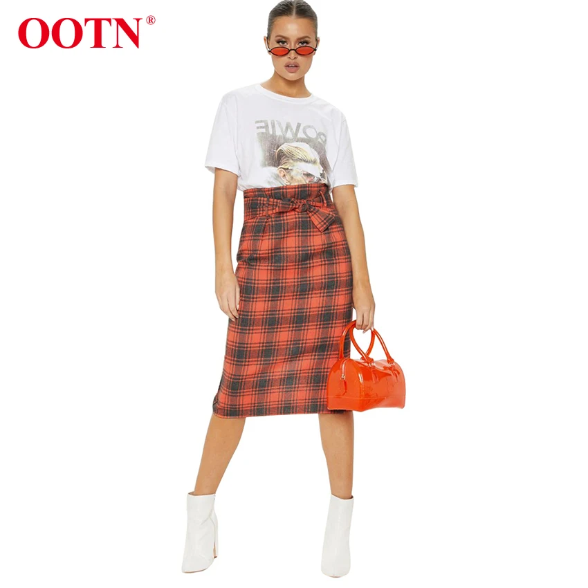 

Vintage Red Plaid Skirt Belted High Waist Women Summer Midi Skirt Office Lady Gingham Ladies Long Skirts Slim 2019 Fashion