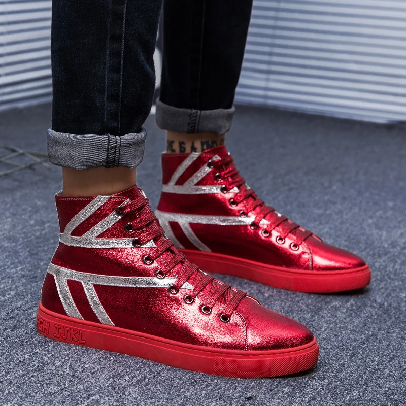 

2019 Spring Autumn High Top Shoes Patent Leather Stripe Luxury Brand Male Footwear Hip Hop Sneakers chaussure homme cuir