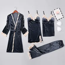 Осенняя Домашняя одежда, теплая Пижама для женщин, 4 шт., ночная рубашка и халат, костюм, сексуальное бархатное кимоно, банное платье, ночная рубашка с ремнем на поясе, ночная рубашка