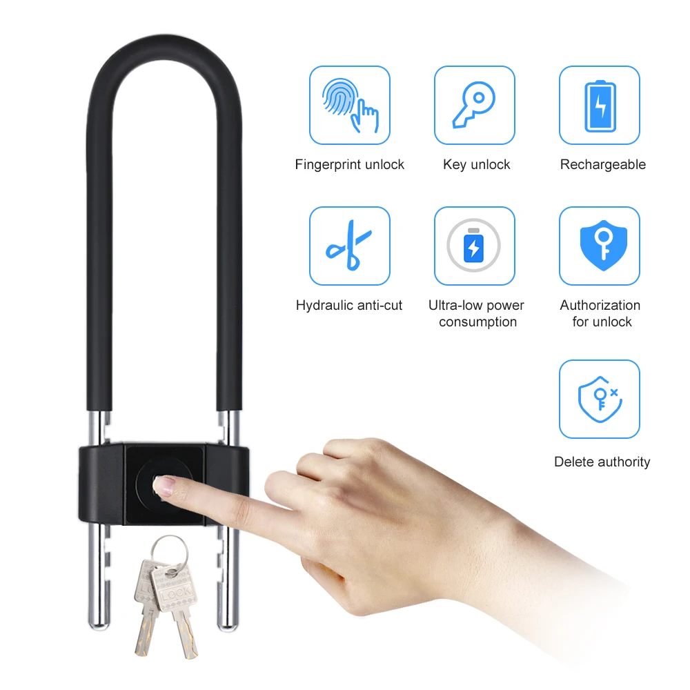 

Biometric Fingerprint Padlock U-shaped Intelligent Bicycle Lock with 2 Keys Aluminium Alloy Door Lock for Bikes Offices Shops