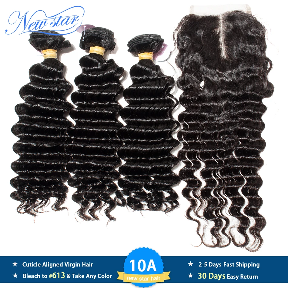 

Deep Wave 3 Bundles Weft With A Lace Closure Brazilian Virgin Thick Human Hair Weave New Star 10A Raw Hair Weaving And Closures