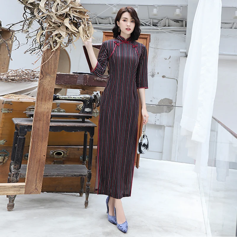 Сексуальное женское длинное платье Cheongsam в китайском стиле с рукавом три четверти, велюровое платье, женское платье Qipao, весеннее тонкое вечернее платье, Vestido M-3XL