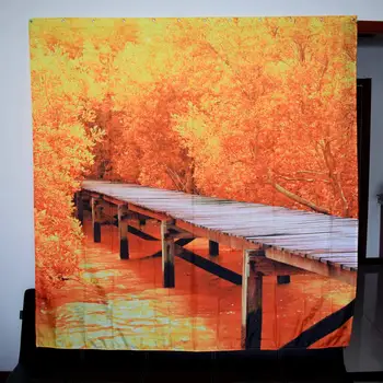 

Yellow Scenery Shower Curtain Fabric,Fall Nature Tree Forest Autumn Seasonal Rock Wooden Bridge Print Bathroom Curtain,Polyester
