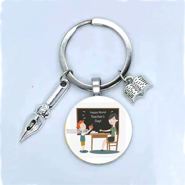 Fashion New Dear Teacher Round Glass Keychain Handmade DIY Book Pen Decoration Pendant Keychain Teacher'S Day Gift Souvenir 18