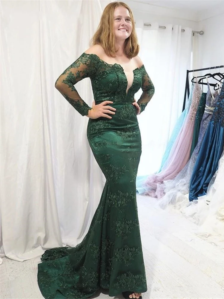 Dark Green Lace Mermaid Moeder van de Bruid Dress Lange Mouwen Off Shoulder Dames Formele Avondjurken Wedding Party Dark Green Lace Mermaid Moeder van de Bruid Dress Lange Mouwen Off Shoulder Dames Formele Avondjurken Wedding Party