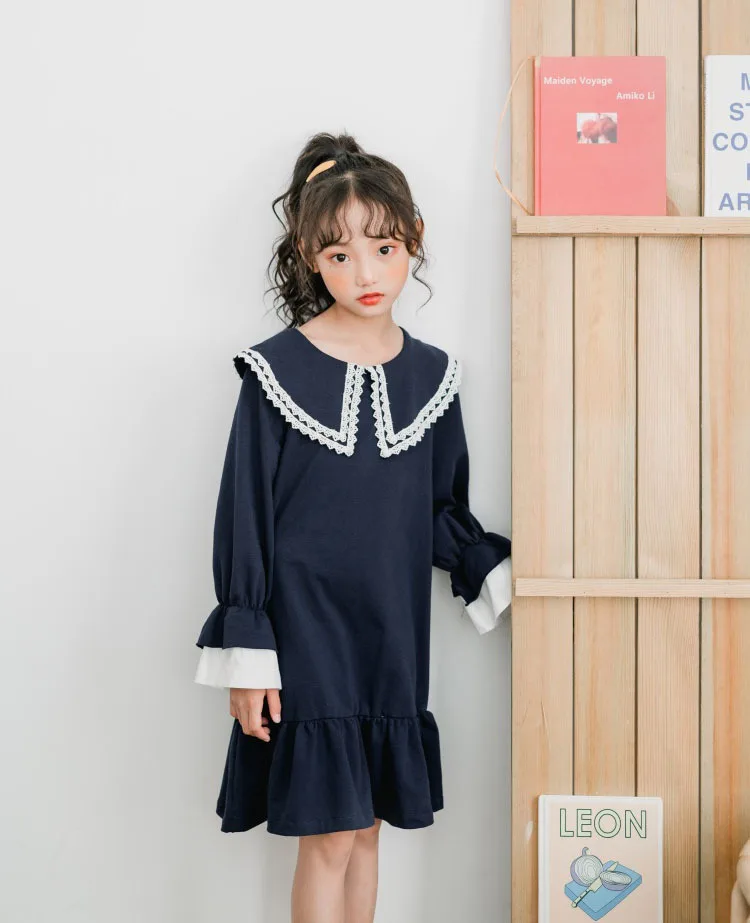 Back To School Clothing 100% Cotton Fall Dress For Girl Petal Sleeve Big Girl Kids Dresses Blue 2019 Autumn Child Dress Fashion (12)