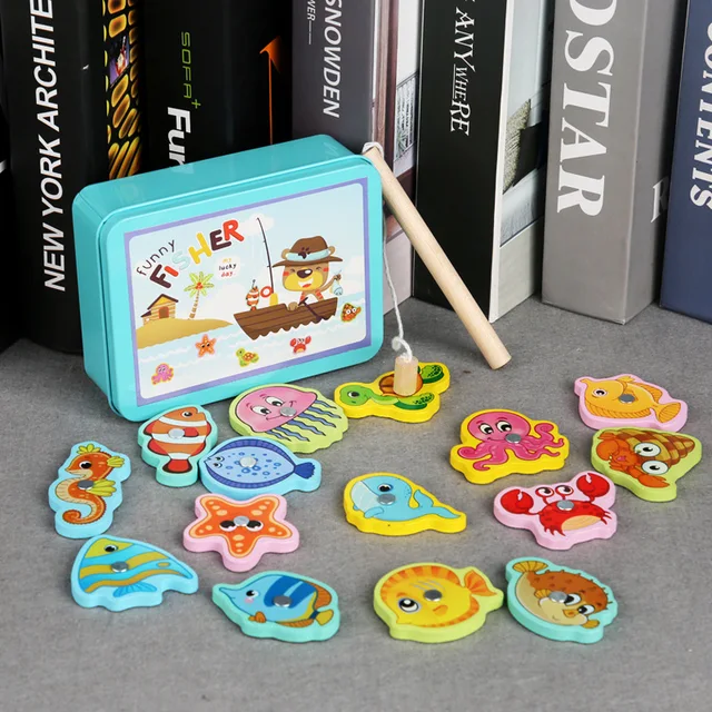 15Pcs Wooden Magnetic Fishing Toy Set Baby Educational Toys Fish Game Educational Fishing Toy 2