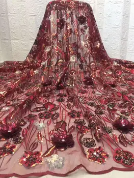 

Luxury handmade 3D flower + beads embroidery high-quality French mesh fabric African sequin lace high-end dress, wedding design
