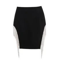 Новое поступление, сексуальная клубная облегающая бандажная юбка с высокой талией и кисточками, черная креповая юбка из кристаллов