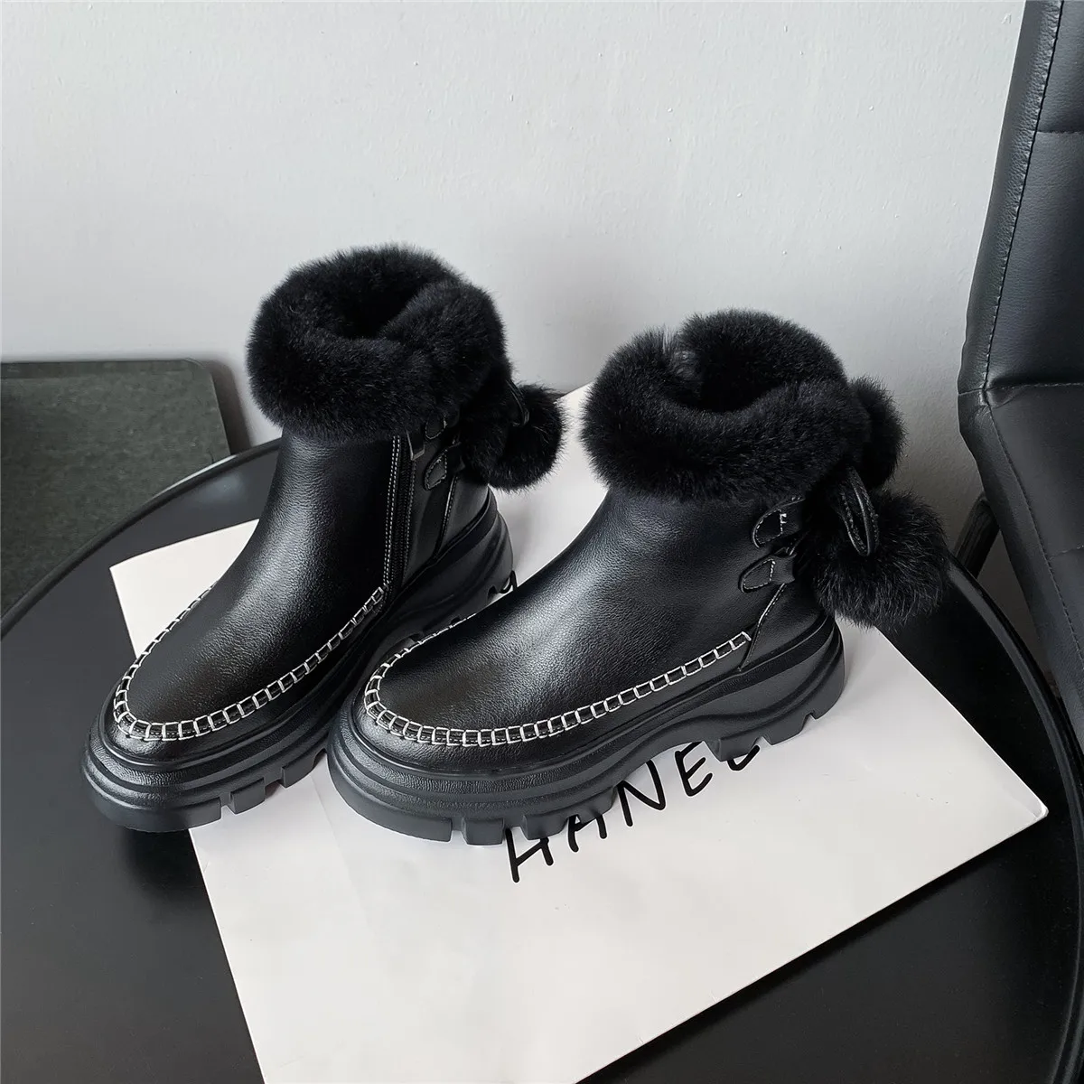 Women's genuine leather platform flats ankle boots warm plush winter cold weather waterproof Non-slip snow boots shoes for women