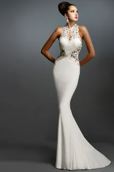 

2018 Formal Evening gown Mermaid High Neck Sheer Back Sweep Train robe de soiree Lace Spandex Long mother of the bride dresses