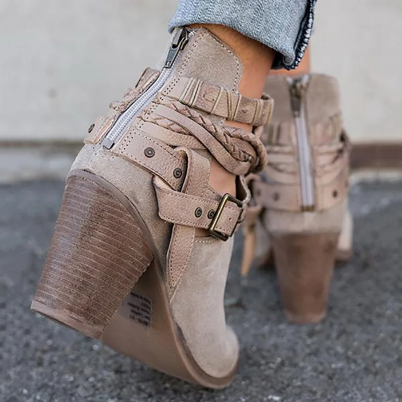 Houlife Vintage Suede Solid Color Ankle Women Boots  High Heels Rivet Buckle Spring Autumn Ladies Short Boots Fashion Shoes