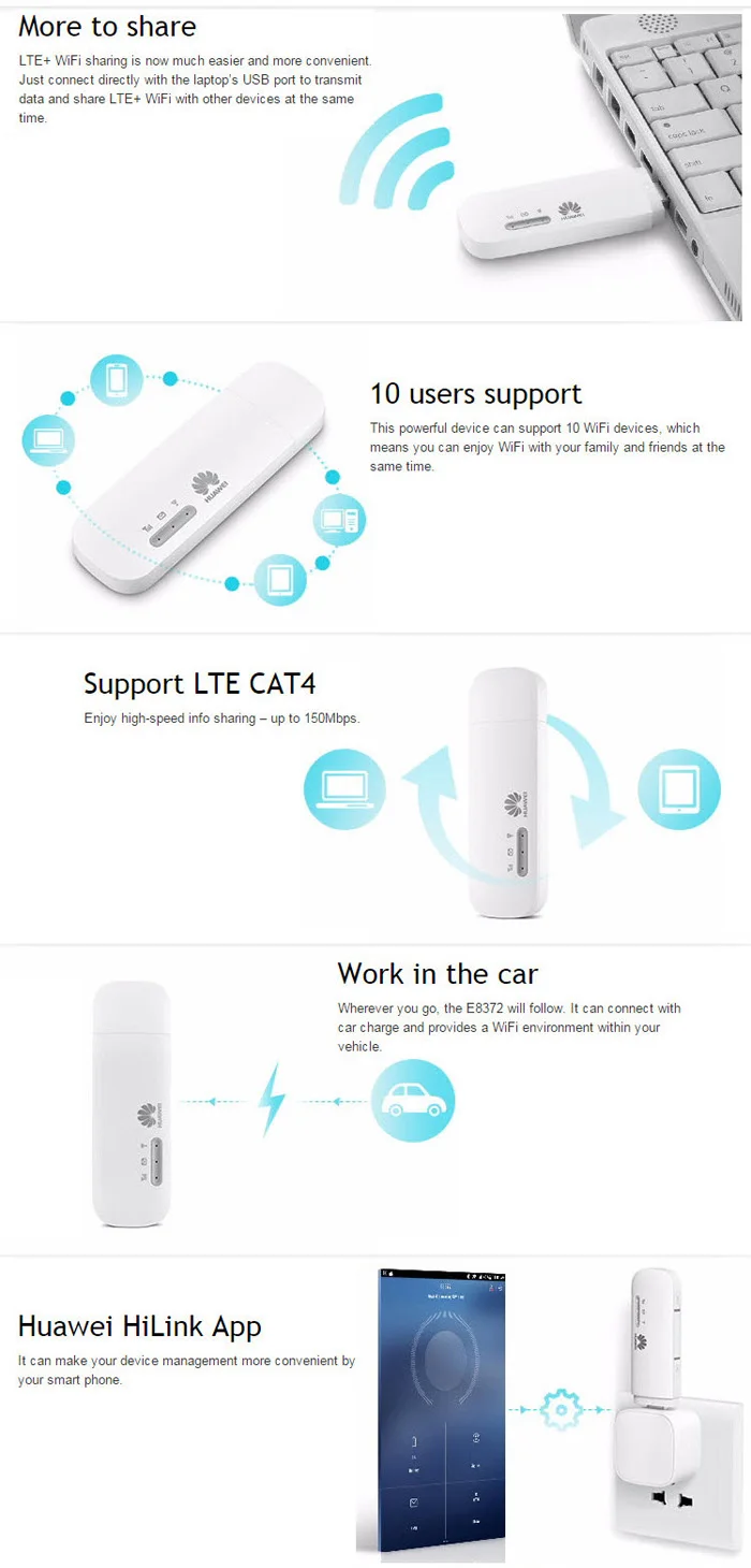Hotspot até 10 Huawei Modem 150mbps Mifi Usuários Dongle Mais 2pcs Ts9 Antenas Desbloqueado E8372 Wingle E8372h-153 4g Lte Usb 1 High Quality Computador e Escritório