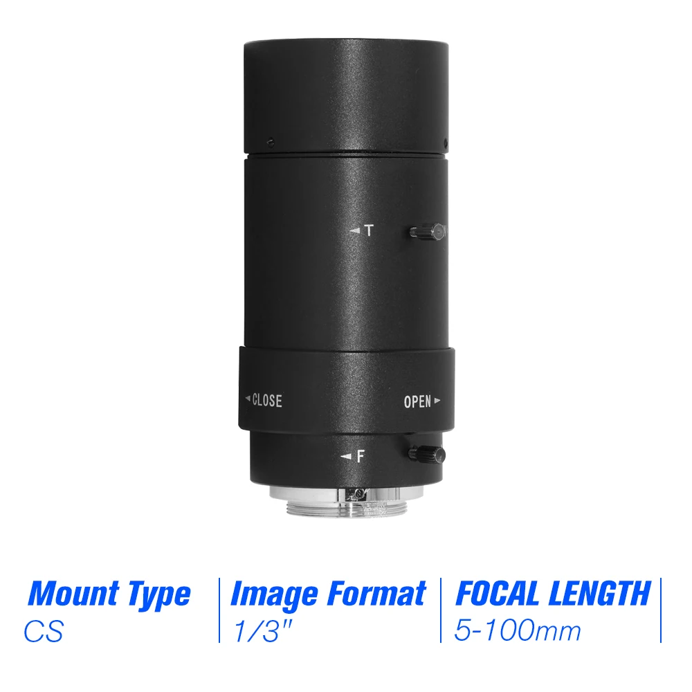

5-100mm CS F1.8 Lens 1/3" Manual Iris & Focal Length Varifocal Zoom CS-Mount Lens for Security CCTV Camera