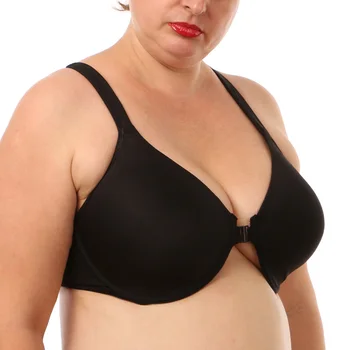 

Vgplay Solid Black Front Closure Women Bra Plus Size Underwire Unlined Brassiere Y-line Straps Adjusted Underwear