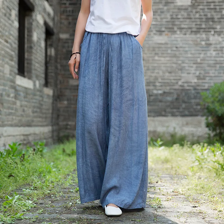 Johnature 2020 Autumn New Full Length Retro Elastic Waist Tie Dye Wide Leg Pants Loose Comfortable All-match Women Lace Up Pants