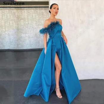 

Smileven Feather Satin A Line Formal Evening Dresses High Split Evening Party Gowns Vestido de festa long Dress