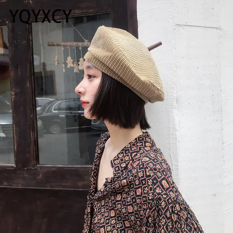 

YQYXCY Autumn Winter Hats For Women Corduroy Beret Women Solid Stripe Beret Femme Vintage Painter Hat Cap Gorras Flat Cap