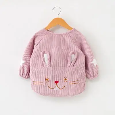 Boy Girl Cartoon Feeding Bibs Baby Extra Soft Natural Cotton Bibs Children Warming Corduroy Drawing Anti-dirty Long Sleeve Apron - Цвет: Pink