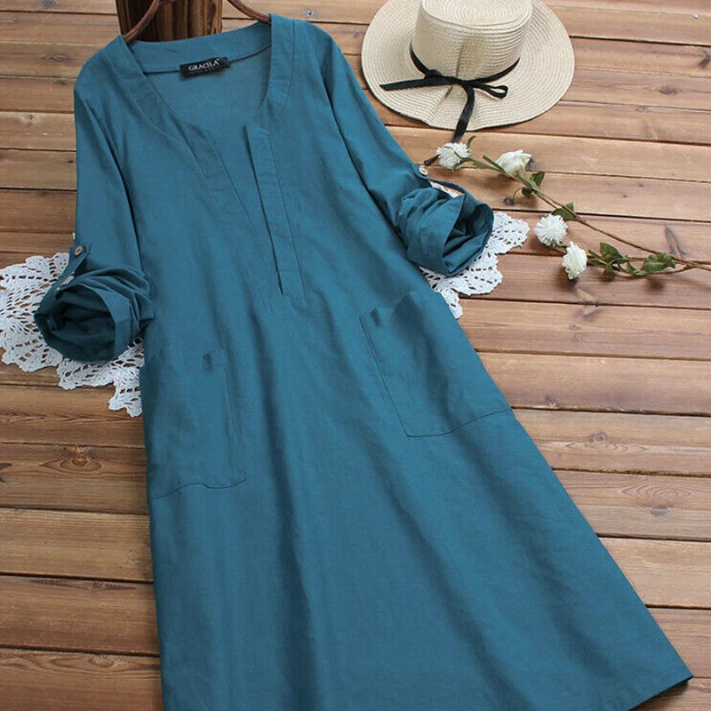 

Wipalo Women Summer Autumn Plus Size Dress Deep V-Neck Long Sleeve Maxi Dress Solid Cotton Casual Vestidos With Pocket 2019 New