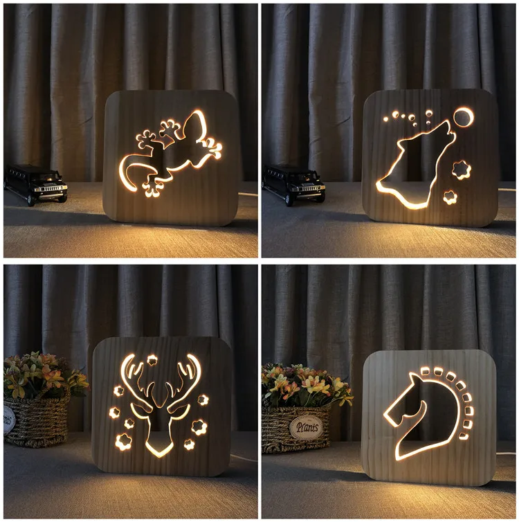 3D Деревянный ночник Собака Кошка Животное люминария деревянная лампа USB питание настольная лампа украшение спальни дети Рождество подарок на год