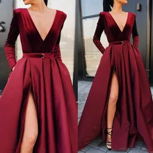 

Donsignet 2021 New Autumn Winter Fashion Deep V Neck Long Sleeve Party Dresses for Women Split Swing Long Dress