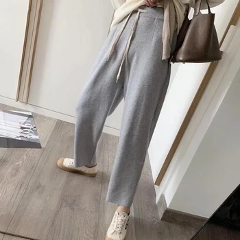 

SHIJIA 2019 Elastic Waist Lace-up Knitted Long Pants Women Sweater Trousers Straight-leg Pants Female Casual Loose Long Pants