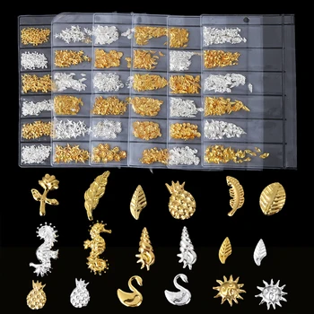 

6 Designs/Pack Fashion 3D Hollow Metal DIY Nails Stones Gold Silver Flower Shell Fall Sea Micro Beads Nail Art Decorations Hot