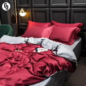

GXC Wine Red 100% Silk Beauty Bedding Set 25 Momme Silk Duvet Cover Set Flat Sheet Bed Linen Pillowcase 4pcs Free Sipping